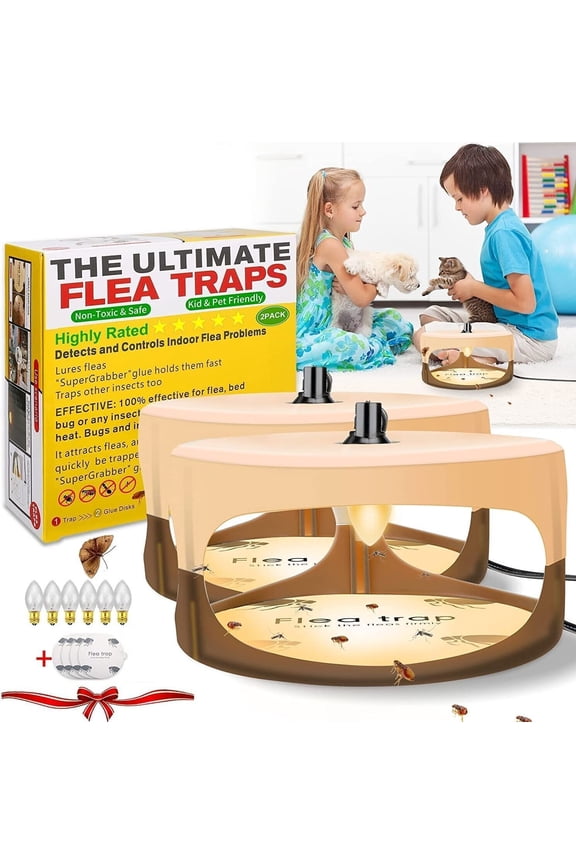 2Pack Flea Traps for Inside Your Home, Indoor Flea Light, Bed Bug Killer w/ 4pcs Sticky Pads & 6pcs Replacement Light Bulb