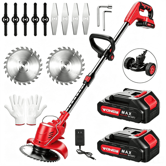 Paddsun 3-in-1 Cordless Electric Weed Eater, Brushless Motor Weed Wacker with Wheels 2 Batteries, Red