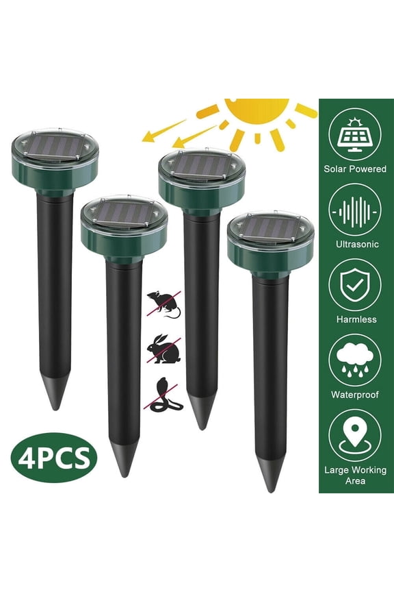 4 Pack Solar Mole Pest Rodent Repeller Ultrasonic Sonic Mouse Gopher Pest