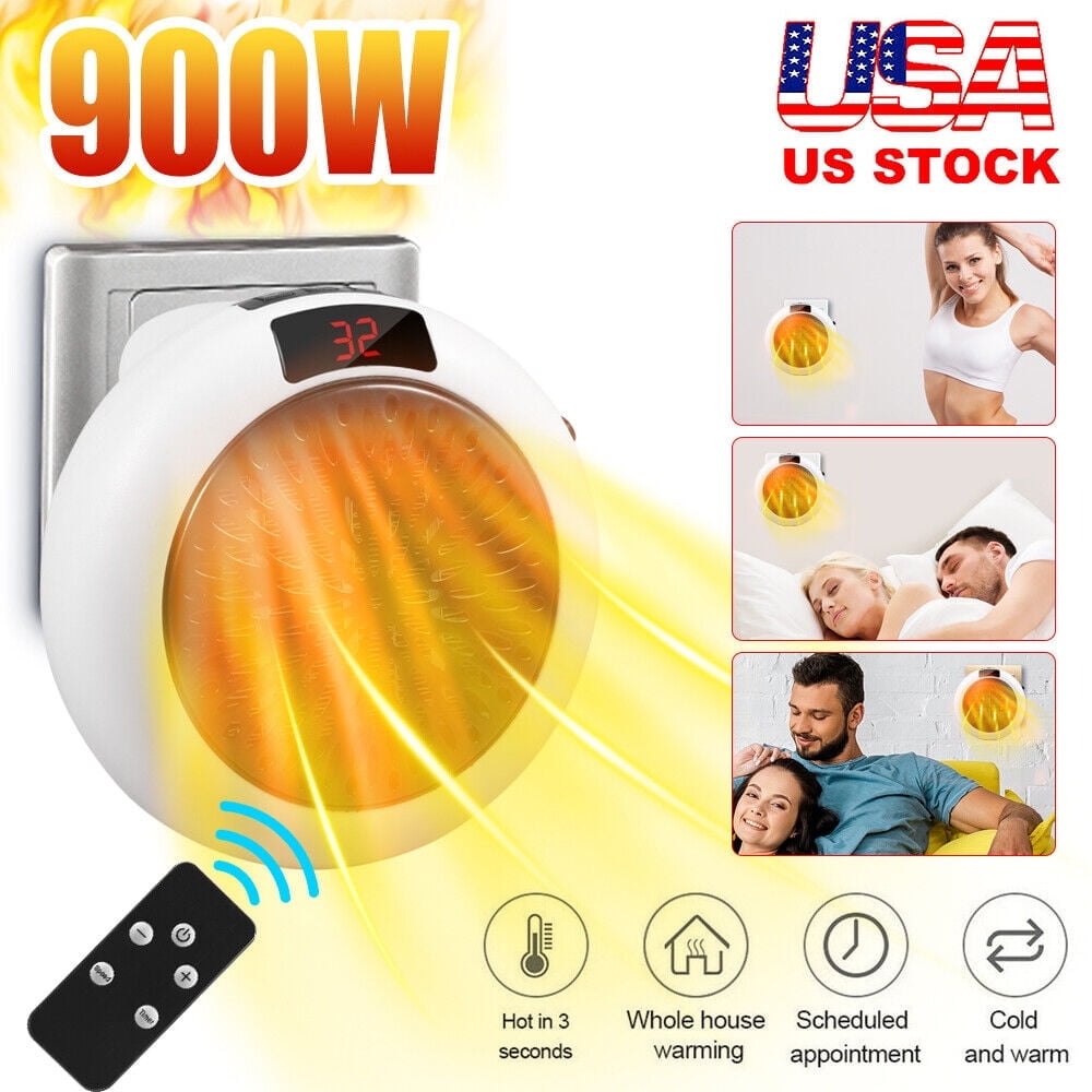 JLLOM 900W Plug in Electric Heater Fan Digital Thermostat Wall Sockets Remote Timer