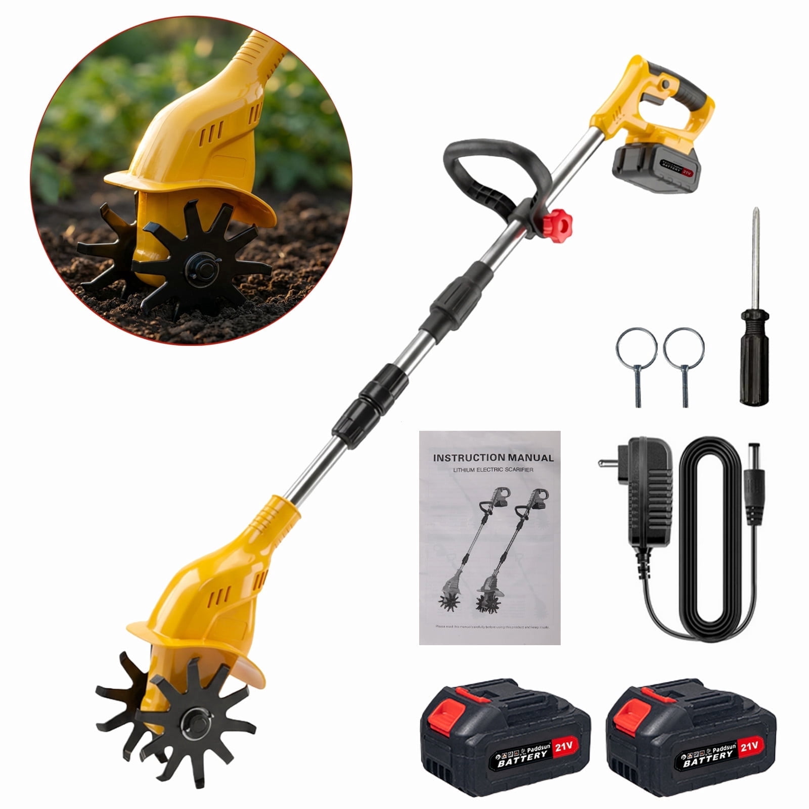 Paddsun Cordless Tiller Cultivator, 21V Electric Garden Tiller 20 Steel Tines Garden Rototiller for Lawn Gardening Soil Cultivation