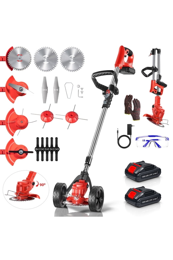 Cordless Weed Wacker, 3-in-1 Foldable Brush Cutter & Battery Powered Lawn Mower with 2 Batteries, Wheels, 11 Blades for Yard, Garden Edging
