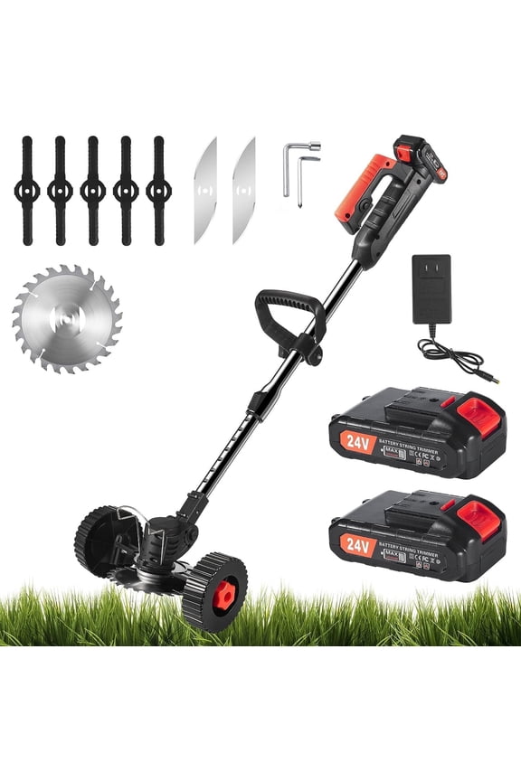 Electric Weed Wacker, Battery Powered Cordless String Trimmer Edger with Wheels,Electric Weed Eater Cutter Lawn Mower Edger Tool,Adjustable Handle,3 Function Blades Cutter for Yard and Garden