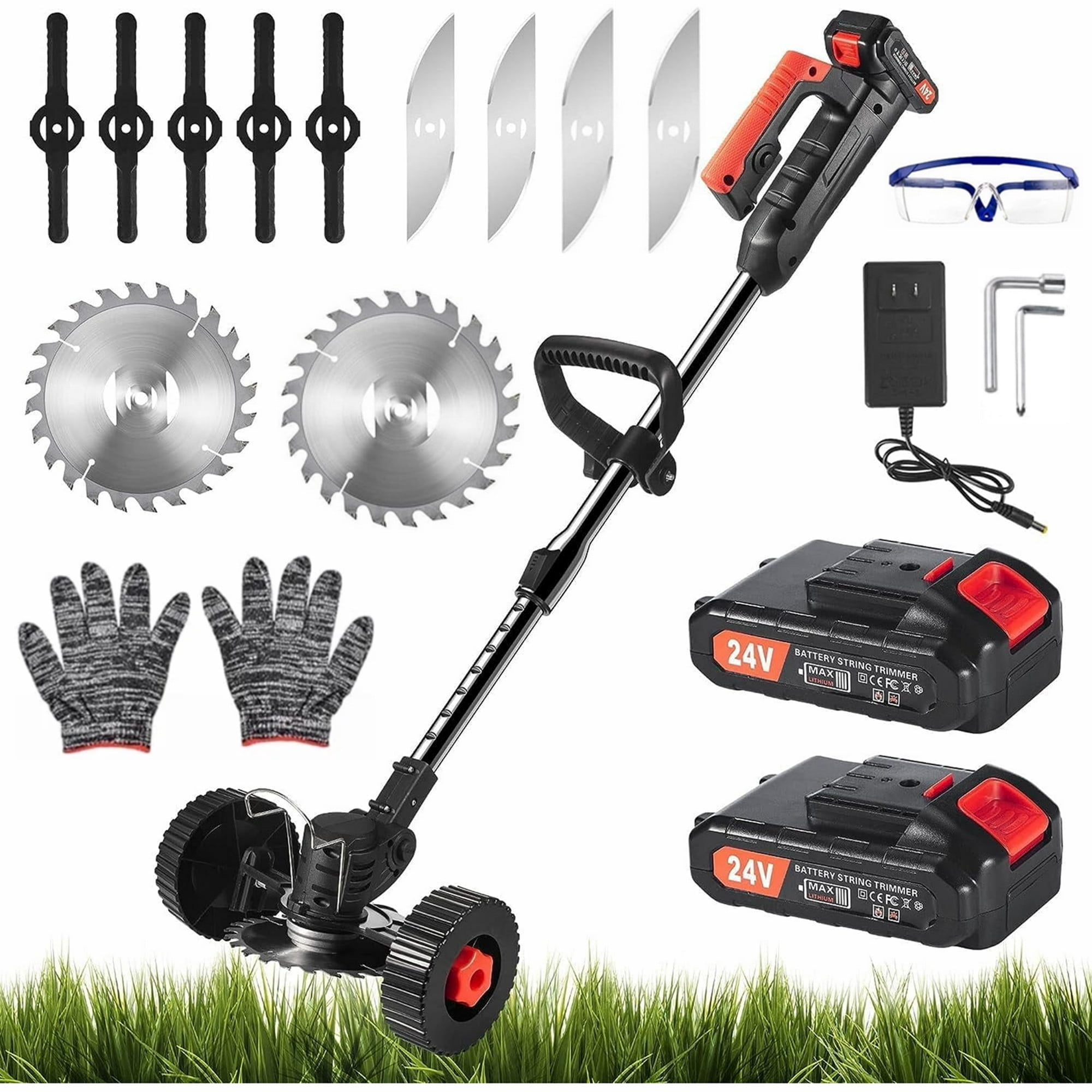 Paddsun Electric Weed Wacker, Battery Powered Cordless String Trimmer Edger with Wheels,Electric Weed Eater Cutter Lawn Mower Edger Tool,Adjustable Handle,3 Function Blades Cutter for Yard and Garden