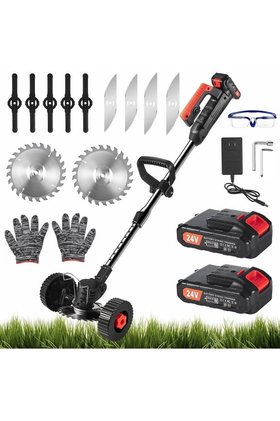 Electric Weed Wacker, Battery Powered Cordless String Trimmer Edger with Wheels,Electric Weed Eater Cutter Lawn Mower Edger Tool,Adjustable Handle,3 Function Blades Cutter for Yard and Garden