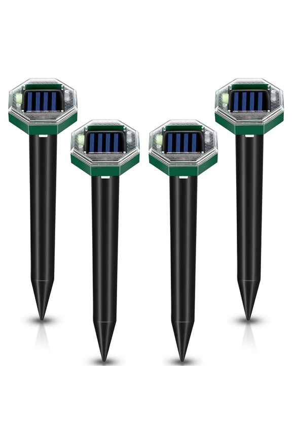 Solar Mole Repellent,4 Pack Outdoor Gopher Repellent Ultrasonic Mole Repellent Stakes Waterproof Sonic Mole Spikes for Garden Yard Home Use,Get Rid of Moles Groundhog Snake Repellent