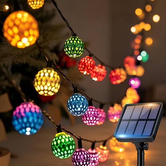 Paddsun Solar String Lights Outdoor Waterproof, 21.3FT 30 LED Moroccan Globe Patio Lights with 8 Modes for Party Yard Decor Multi Color