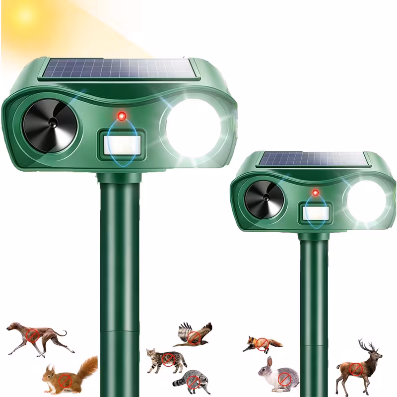 Paddsun Solar Ultrasonic Animal Repellent, 2-Pack Motion Activated Deterrent with LED Flashing Light for Cat Squirrel Deer Raccoon Rabbit Yard Protector