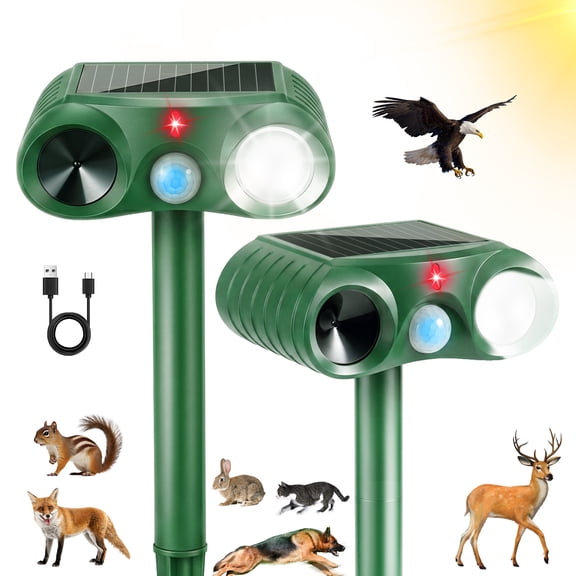 Paddsun Solar Ultrasonic Animal Repellent,2 Pack with Motion Sensor Squirrel & Deer Deterrent with Strobe Light Barrier to Keep Cats Dogs & Raccoons Out of Yard Garden Lawn