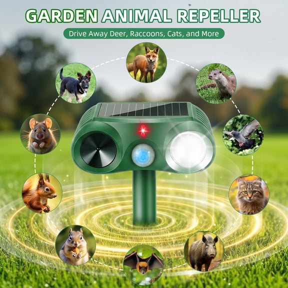 Paddsun Solar Ultrasonic Animal Repellent,with Motion Sensor Squirrel & Deer Deterrent with Strobe Light Barrier to Keep Cats Dogs & Raccoons Out of Yard Garden Lawn