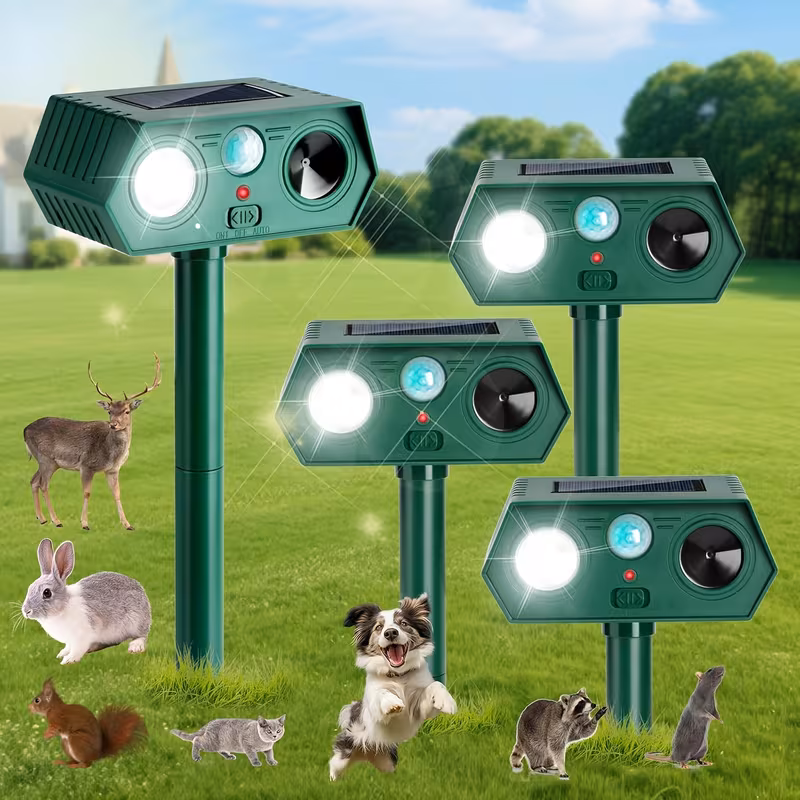 Paddsun Solar Ultrasonic Animal Repeller Outdoor, Waterproof Motion Activated Deterrent with LED Flash Light for Cat, Deer, Squirrel, Raccoon, Dog & Rabbit,Yard & Garden (4-Pack)