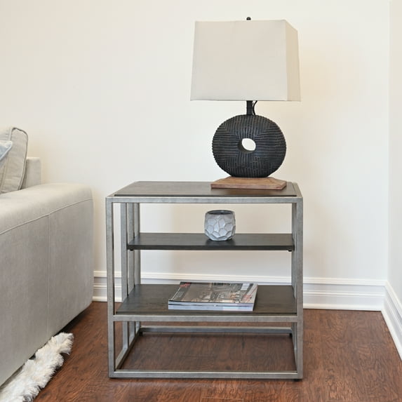 Padena Metal Frame Wood End Table with Shelf: Modern Living Room Decor 2 Tiers, Storage & Sturdiness