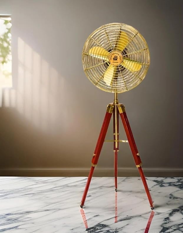 Padestal Fan Electric Corded Handmade Brass Antique Vintage Style Pedestal Fan with Wooden Adjustable Tripod Stand Retro Design, Unique Collectible, Functional Home Decor Vintage Reproduction