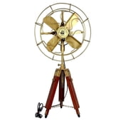 Padestal Fan Electric Corded Handmade Brass Antique Vintage Style Pedestal Fan with Wooden Adjustable Tripod Stand Retro Design, Unique Collectible, Functional Home Decor Vintage Reproduction