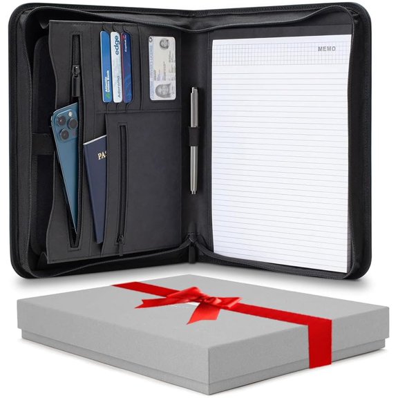 Padfolio Binder - Professional Faux Leather Travel Organizer Pouch for Tablet, Documents, Presentation Folders, Zipper Closure, Notepad - Black