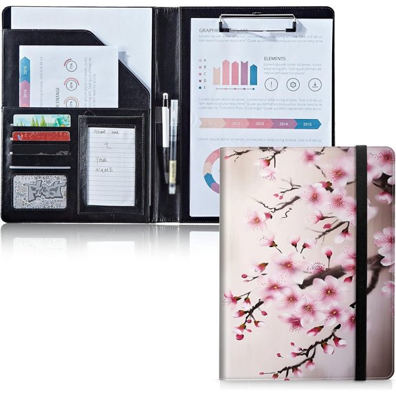 Padfolio Folder with Clipboard,Portfolios Organizer Clipboards with Storage Clipboard Writing Pad PU Leather Conference Document Organizer with Business Card Holder,Cherry Blossom