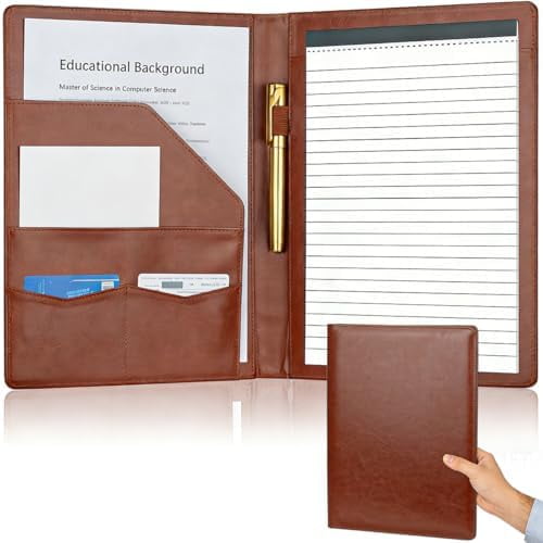 Padfolio Portfolio Binder, Faux Leather Folder, Resume Interview Legal Document Organizer, Letter Sized Writing Pad w/Business Card Holder, A4 Professional Folio for Office Conference (Brown)