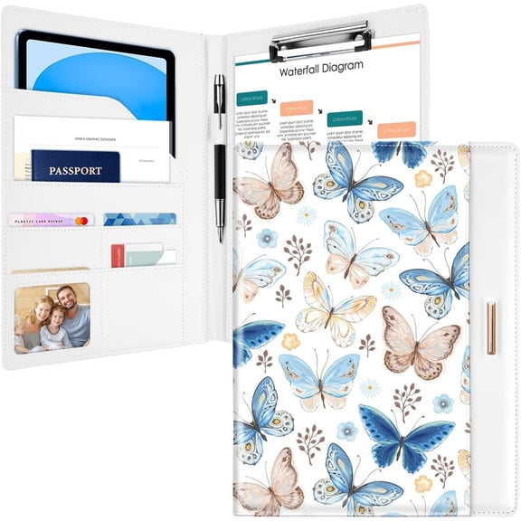 Padfolio/Resume Portfolio Folder for Women Men, Cute Chic Padfolio Cover Folder, Conference/Legal Document Organizer with Letter/A4 Size Clipboard, Document Sleeve, Butterfly