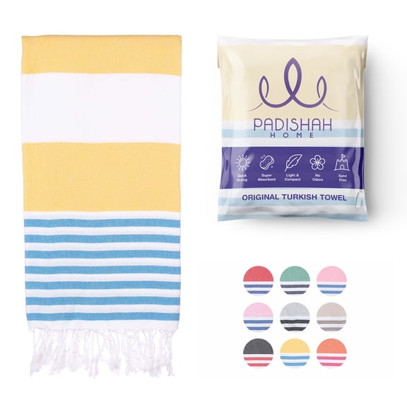 PadishahHome Turkish Beach Towel Oversized 38x71 | 100% Turkish Cotton Sand Free,Quick Dry, Extra Large Cabana Stripe Lightweight Travel Towel for Adults Beach Essentials - Yellow / Turquoise