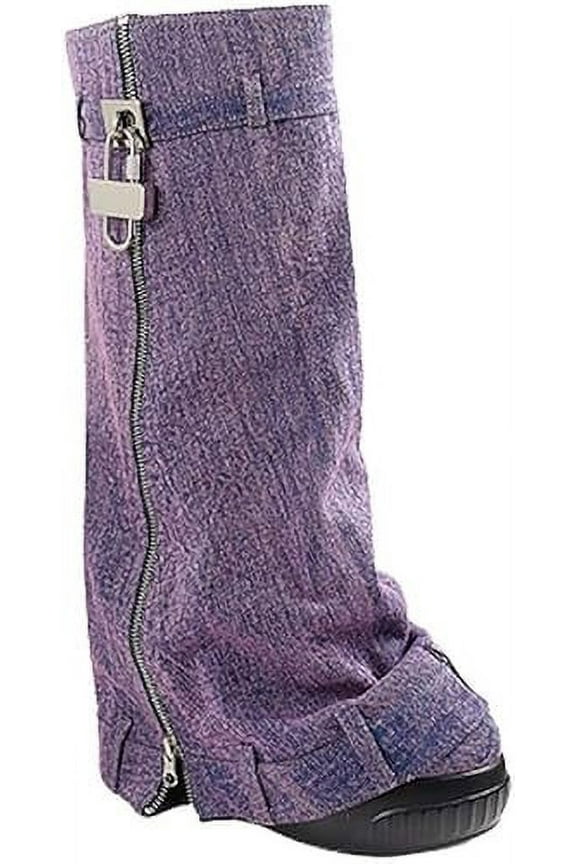 Padlock Fold Over Platform Denim Knee High Boots