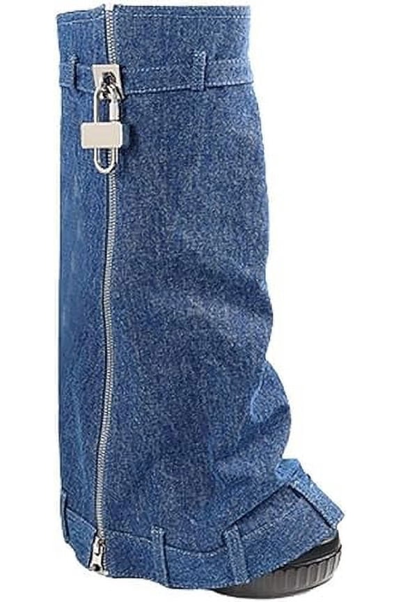 Padlock Fold Over Platform Denim Knee High Boots
