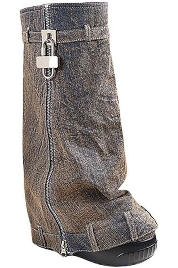 Padlock Fold Over Platform Denim Knee High Boots
