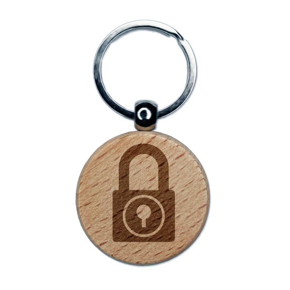 Padlock Locked Keyhole Security Symbol Round Keychain Charm Tag - Engraved Wood