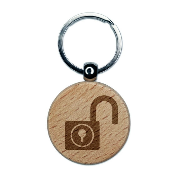 Padlock Unlocked Keyhole Security Symbol Round Keychain Charm Tag - Engraved Wood