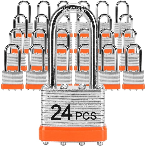 Padlocks with Same Key,  24 count Laminated Keyed Padlock (1-9/16", 40mm), Keyed Alike Locks, Long Shackle, for Storage Locker, Hasp Latch, Toolbox, Sheds