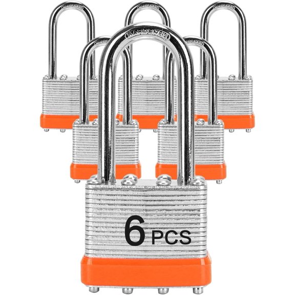 Padlocks with Same Key, 6 count Laminated Keyed Padlock (1-9/16", 40mm), Keyed Alike Locks, Long Shackle, for Storage Locker, Hasp Latch, Toolbox, Sheds