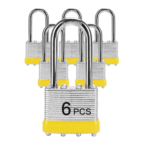Padlocks with Same Key, LQYN 6 Pcs Laminated Keyed Padlock (1-9/16", 40mm), Keyed Alike Locks, Long Shackle, for Storage Locker, Hasp Latch, Toolbox, Sheds