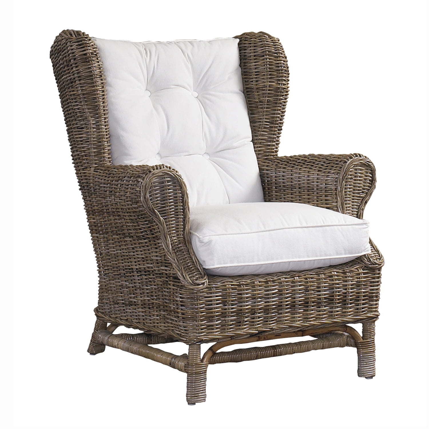 Kubu Gray Wicker Wingback Chair with White Cushions