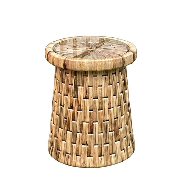 Padmas Plantation DRM06 Drum Natural End Table with Glass