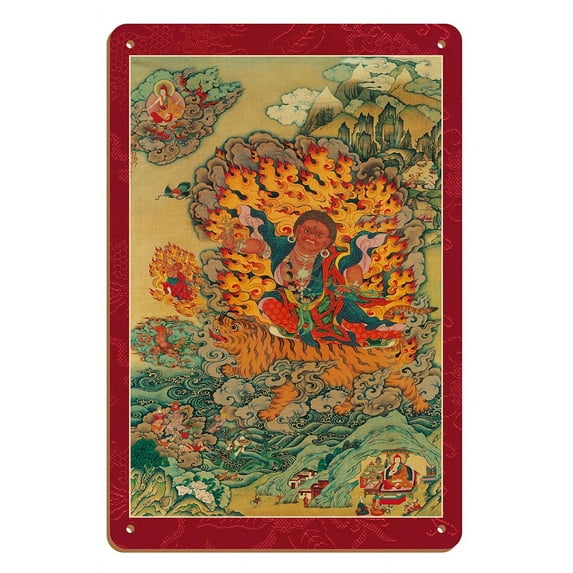 Padmasambhava as Dorje Drolo - Tantric Buddhist Mystic - Vintage Tibetan Thangka Buddhist Painting - Tibet, 18th Century - 8 x 12 inch Vintage Wood Art Sign
