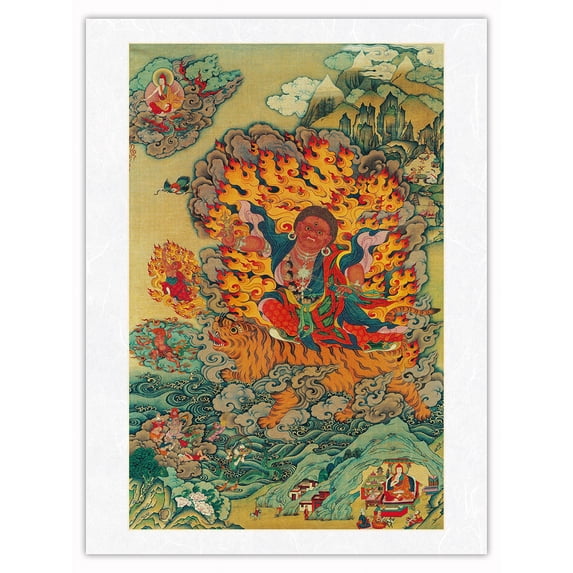 Padmasambhava as Dorje Drolo - Tantric Buddhist Mystic - Vintage Tibetan Thangka Buddhist Painting - Tibet, 18th Century - Japanese Unryu Rice Paper Art Print 24 x 32 in