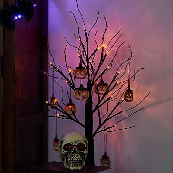 Padoo 2Ft Halloween Black Tree Battery Powered With 24 Orange Lights And Pumpkin Ornaments Light Up Bonsai Tree For Halloween Indoor Tabletop Decoration