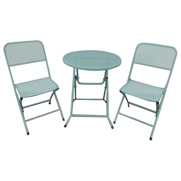 Padova Foldable 3 Piece Powder Coated Steel Mesh Outdoor Patio Bistro Dining Set, Includes 1 Table and 2 Chairs, Blue