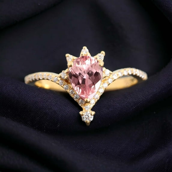 Padparadscha Pink Sapphire Ring Diamond Crown Jewelry Solid Gold Crown Ring September Birthstone Gift For Her Art Deco Wedding Present Ring