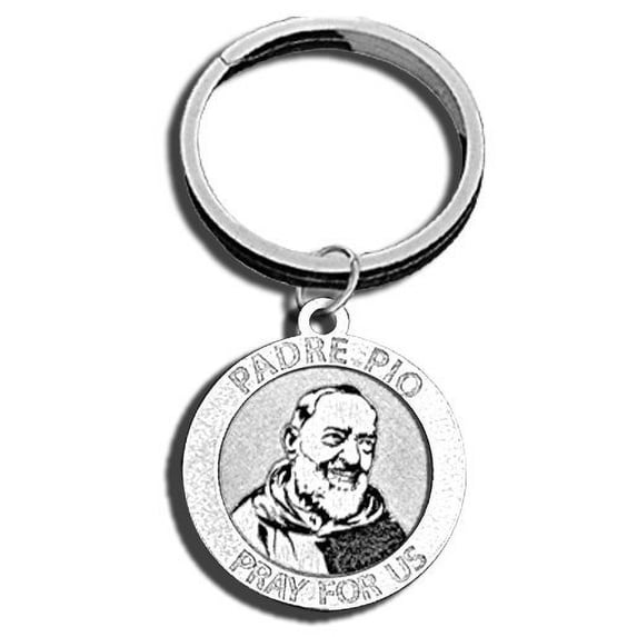 Padre Pio Religious Engravable Keychain - 1 1/4 Inch X 1 1/4 Inch Round - Sterling Silver