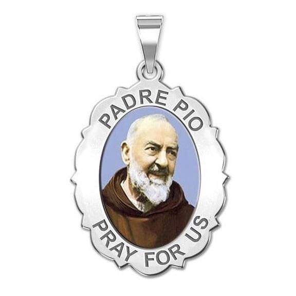 Padre Pio - Scalloped OVAL Color - 3/4 Inch X 1 Inch in Solid 14K White Gold