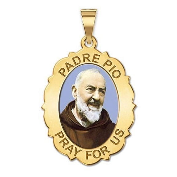 Padre Pio - Scalloped OVAL Color - 3/4 Inch X 1 Inch in Solid 14K Yellow Gold