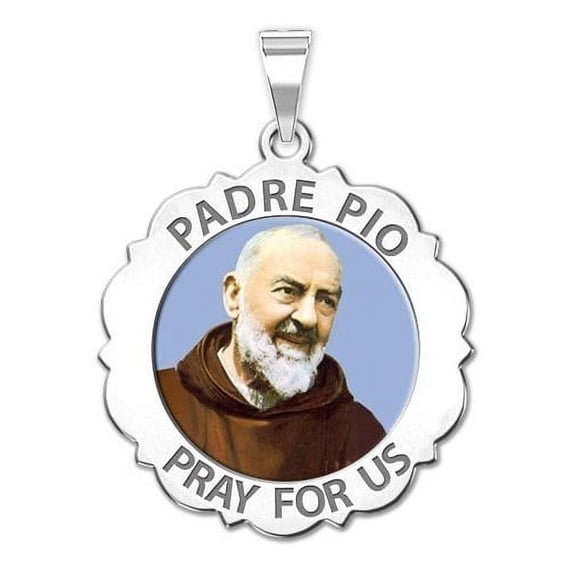 Padre Pio Scalloped Round Religious Medal Color - 2/3 Inch Size of Dime, Solid 14K White Gold