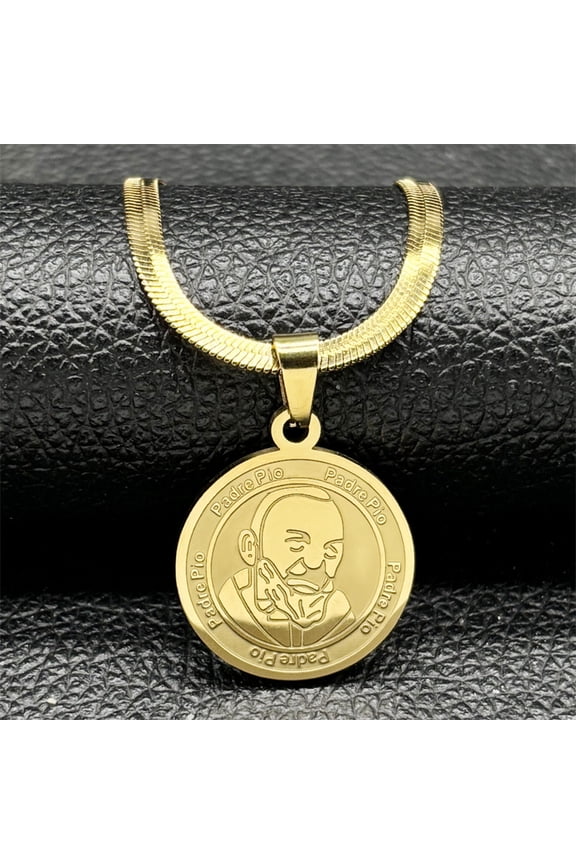 Padre Pio Shell Medal 14K Yellow Gold Pendant Necklace for Women Men Gold Silver Color Christian Chain Jewelry