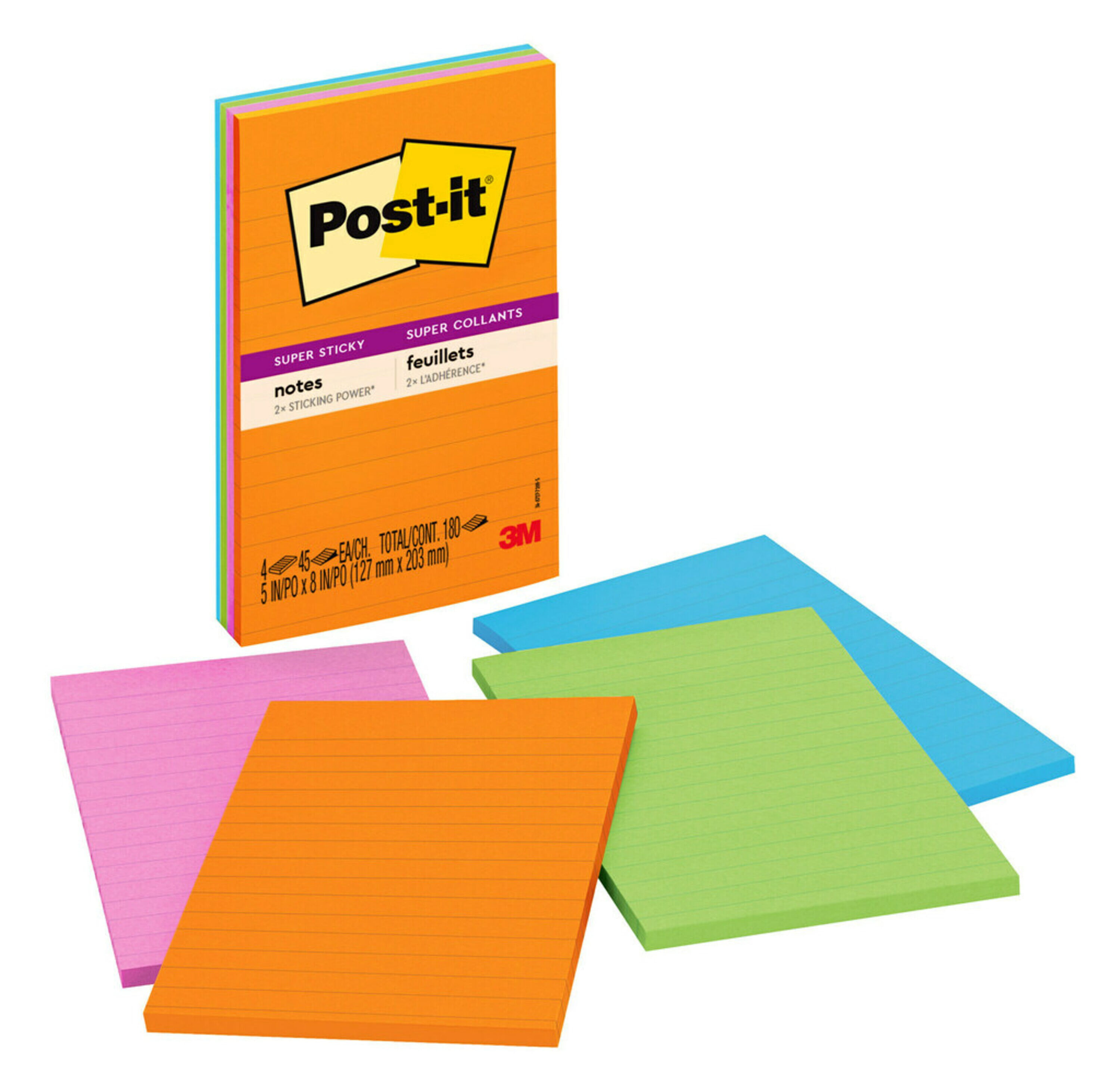 Post-it Notes Super Sticky Pads, Rio De Janeiro Colors, 5 X 8, Lined, 45/Pad, 4 Pads/Pack