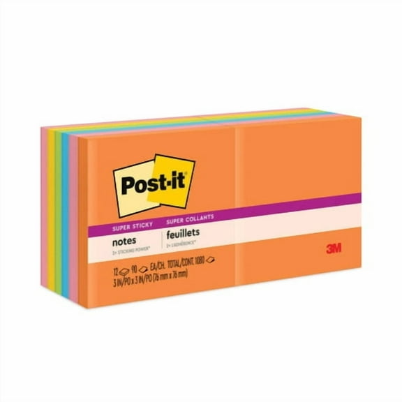Pads in Energy Boost Collection Colors, 3" x 3", 90 Sheets/Pad, 12 Pads/Pack | Bundle of 2 Packs