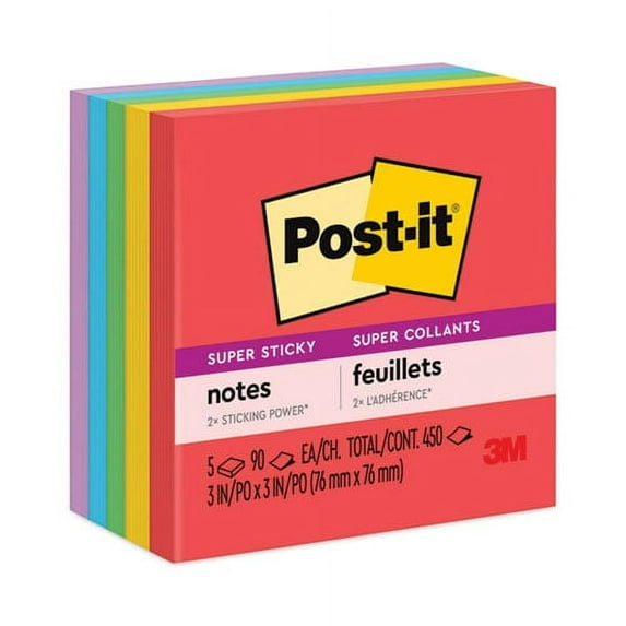 Post-it Super Sticky Notes, 3 in x 3 in, Playful Primaries, 5 Pads