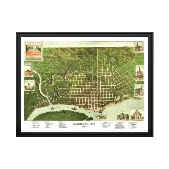 Paducah Art, 1889 Vintage Map of Paducah Kentucky, KY History Wall Decor Gift, Old Paducah Map - 24" x 18" Black Framed Print