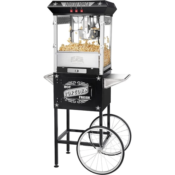 Paducah Popcorn Machine - 3-Gallon Antique Popper with Cart, 8oz Kettle, Old Maids Drawer, Warming Tray, and Scoop by Great Northern Popcorn (Black)