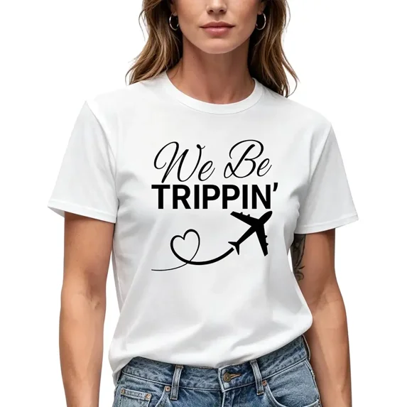 Paekabao Home We Be Trippin' Women's Graphic T-Shirt, Black, Travel Theme, Short Sleeve, Crew Neck