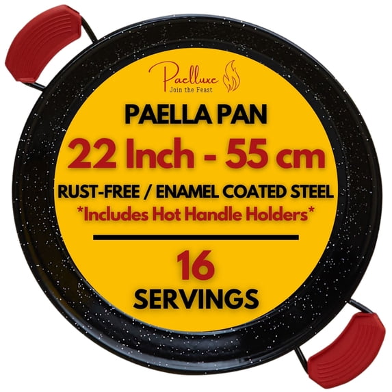 Paelluxe 22 Inch Paella Pan 16 Servings - Enamelled No Rust Easy to Clean Steel Pan Propane - Gas Burners for Cooking - Indoor & Outdoor Cooking Skillet - Cacerola Paellera Sarten - Mother's Day Gift